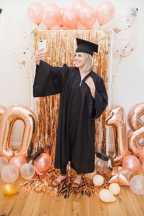 grad ideas for party backdrop rose gold theme grad photo booth